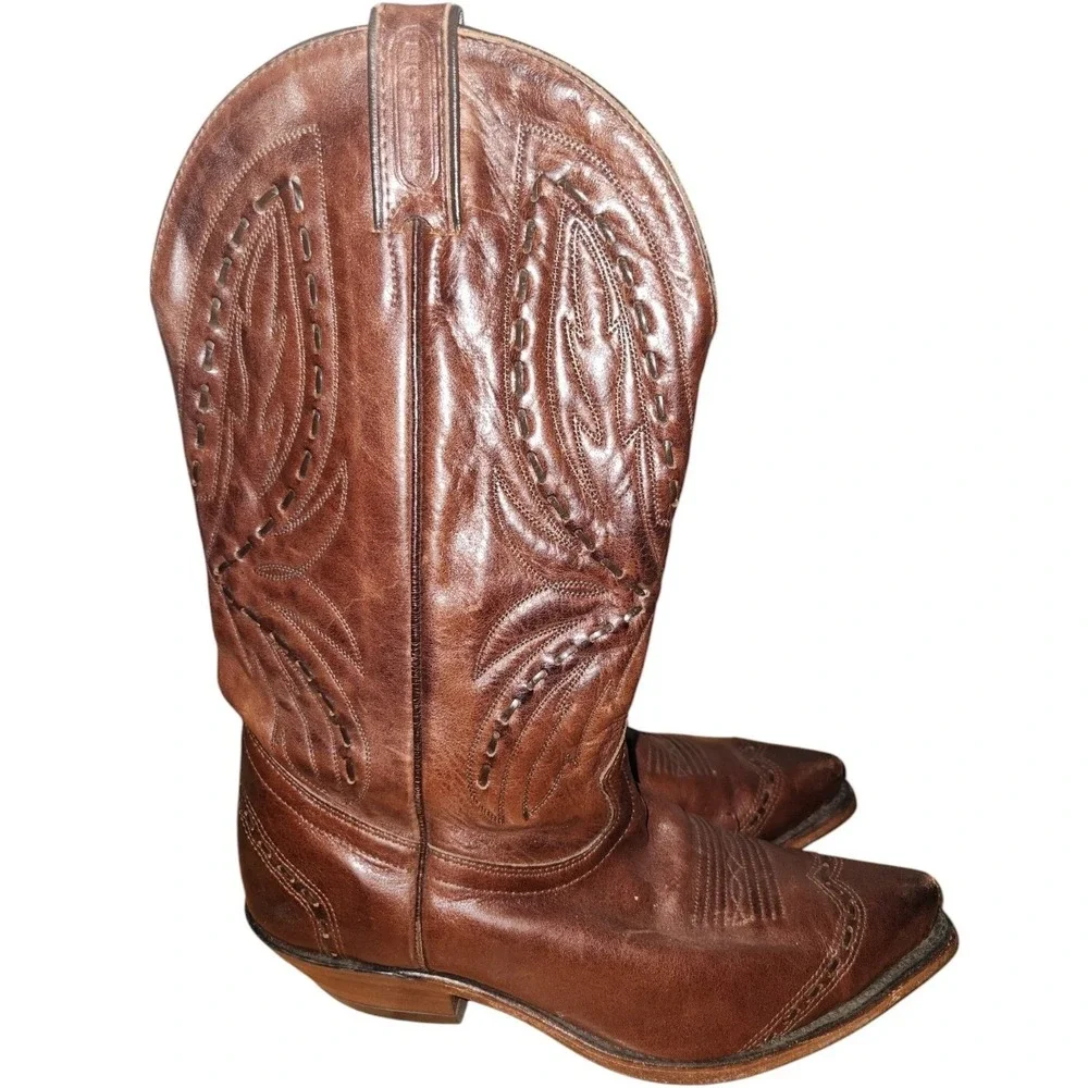 Vintage Boulet Leather‎ Cowboy Boots, Western Brown, Decorative Stitching 8 Wide